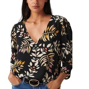 ba&sh Top Cross Black Floral Viscose V-Neck Three Quarter Sleeve Blouse Size XS